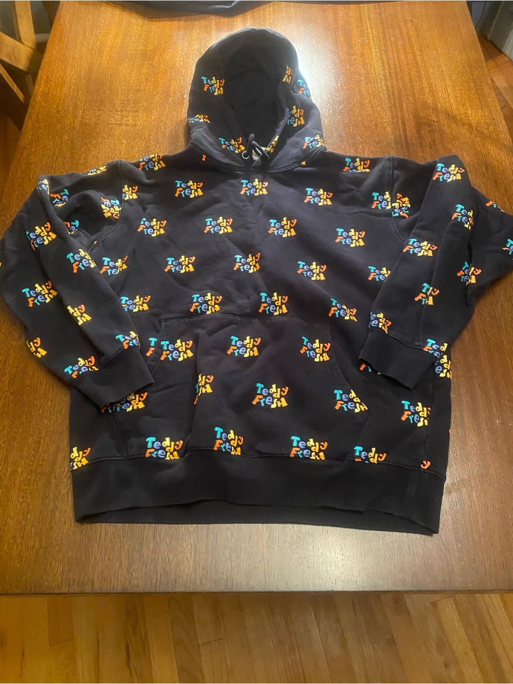 Teddy Fresh Men Pullover Hoodie All Over Print Logo Black Large Graphic Y2K EUC
